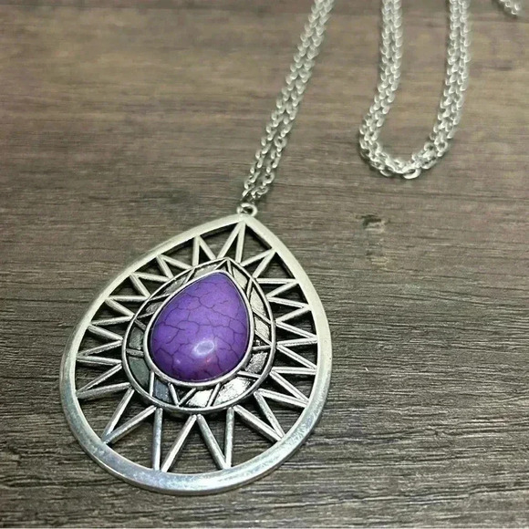 Silver Tone Large Pendant with Purple Stone Long Necklace - Picture 2 of 3
